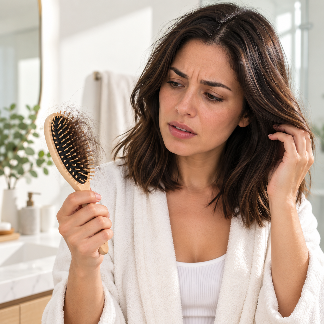 Mujer observa cabello en su cepillo habitual; imagen ilustrativa